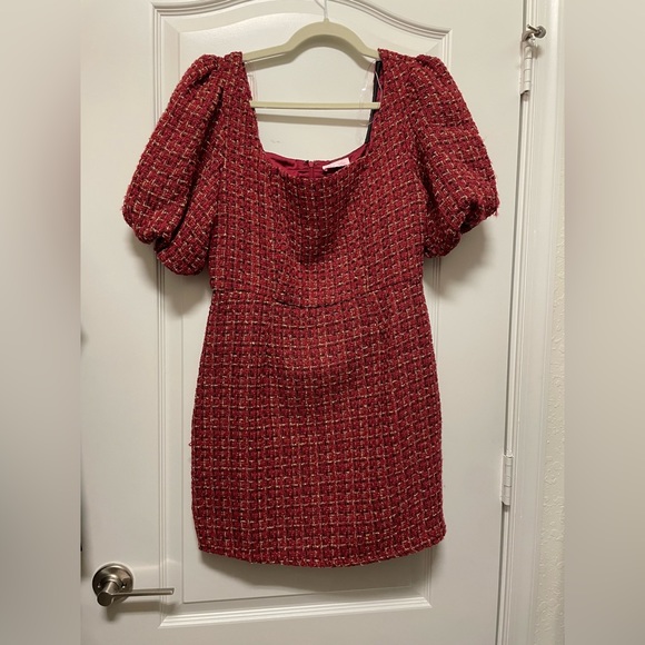 Mysterious Night Puff Sleeve Red Tweed Dress - Picture 4 of 5